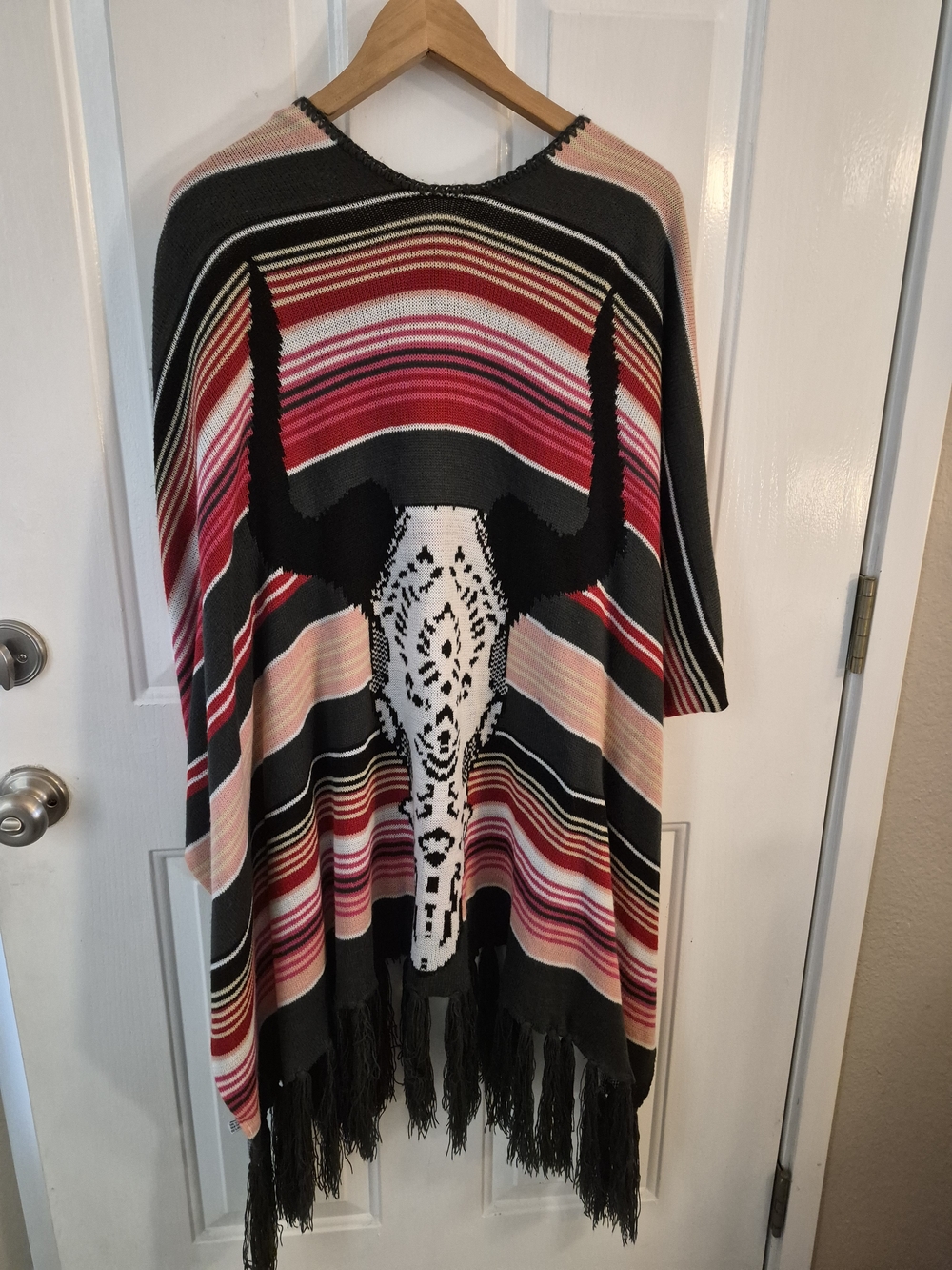 Knit Sweater Soft Striped Bull Skull Fringe Poncho Sweater - Black, Red, Pink